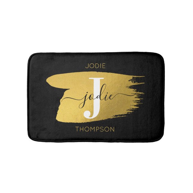 Modern Black & Gold Script Monogram Initial Bath Mat (Front)