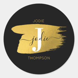 Modern Black & Gold Script Monogram Initial Classic Round Sticker