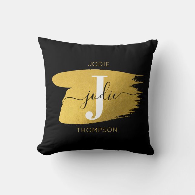 Modern Black & Gold Script Monogram Initial Cushion (Front)