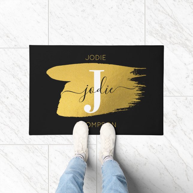 Modern Black & Gold Script Monogram Initial Doormat (Indoor)