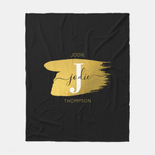 Modern Black & Gold Script Monogram Initial Fleece Blanket