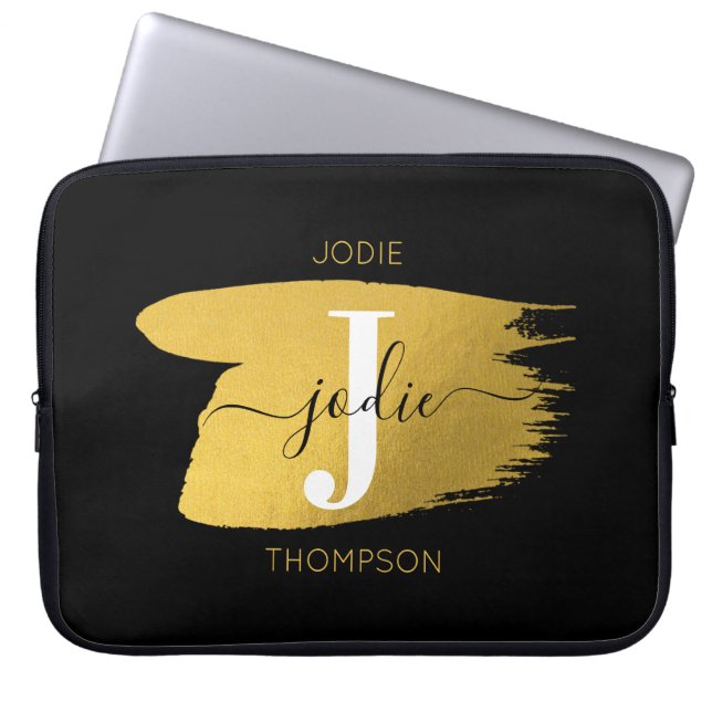 Modern Black & Gold Script Monogram Initial Laptop Sleeve (Front)