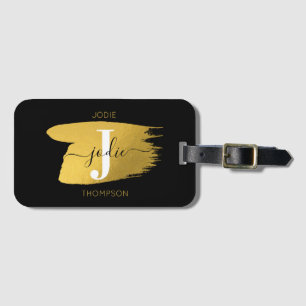 Modern Black & Gold Script Monogram Initial Luggage Tag