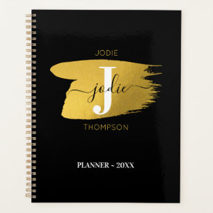 Modern Black & Gold Script Monogram Initial Planner