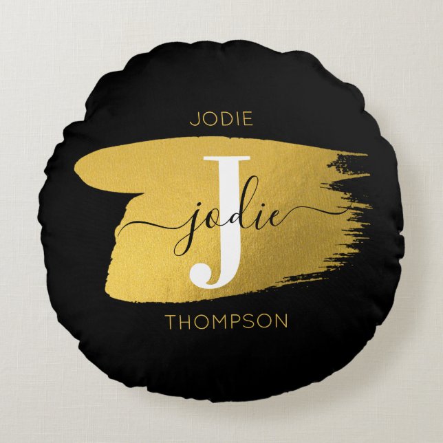 Modern Black & Gold Script Monogram Initial Round Cushion (Front)