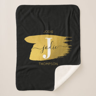 Modern Black & Gold Script Monogram Initial Sherpa Blanket