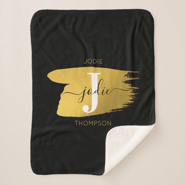 Modern Black & Gold Script Monogram Initial Sherpa Blanket (Front)