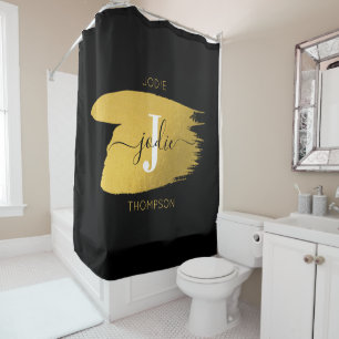 Modern Black & Gold Script Monogram Initial Shower Curtain