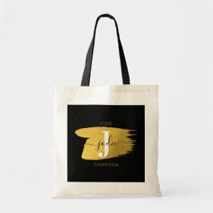 Modern Black & Gold Script Monogram Initial Tote Bag