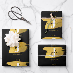 Modern Black & Gold Script Monogram Initial Wrapping Paper Sheet