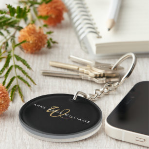 Modern Black Gold Script Monogram Key Ring