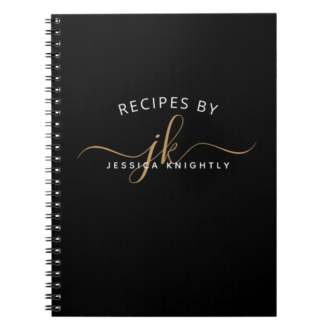 Modern Black Gold Script Monogram Name Stylish Notebook (Front)