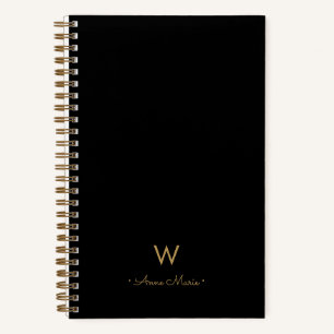 Modern Black Gold Script Monogram Notebook