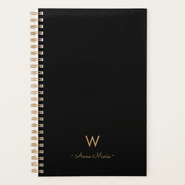 Modern Black Gold Script Monogram Planner (Front)