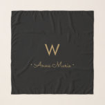 Modern Black Gold Script Monogram Scarf<br><div class="desc">A modern,  elegant monogram design with gold handwritten minimalist script typography and sans serif block typography on an elegant black background. The monogram and name can be easily personalised.</div>