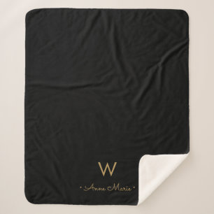 Modern Black Gold Script Monogram Sherpa Blanket