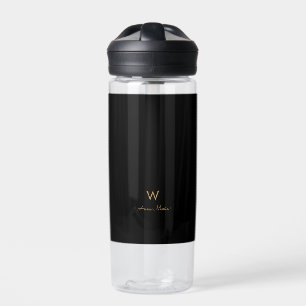 Modern Black Gold Script Monogram Water Bottle