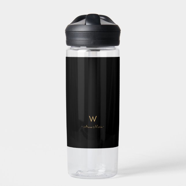 Modern Black Gold Script Monogram Water Bottle (Front)