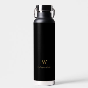 Modern Black Gold Script Monogram Water Bottle