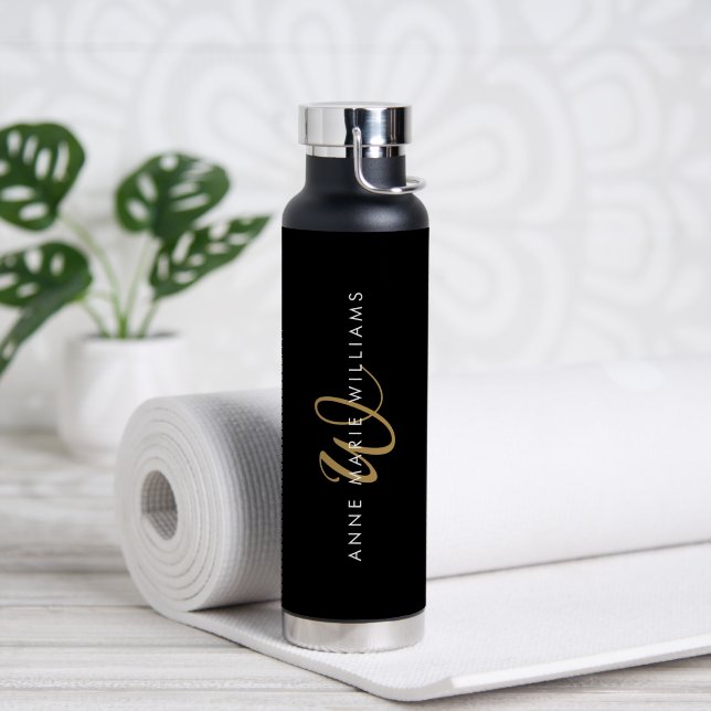 Modern Black Gold Script Monogram Water Bottle (Yoga (Rotated))