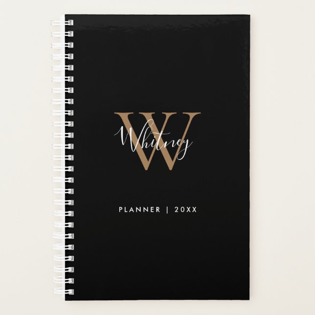 Modern Black Gold Script Name Monogram 2023 Planner (Front)