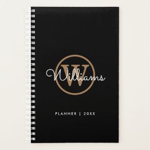 Modern Black Gold Script Name Monogram  Planner