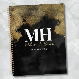 Modern Black Gold Script Name Monogram Planner
