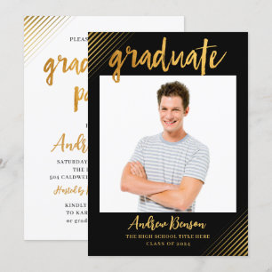 Modern Black & Gold Script Photo Graduation Party Invitation