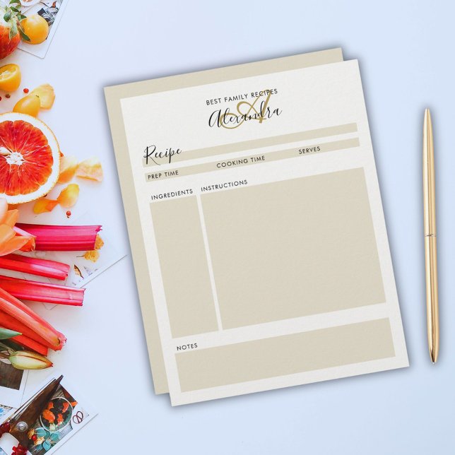 Modern Black Gold Script Recipe Sheets (Elegant Monogram Black Gold Modern Recipe Sheet)