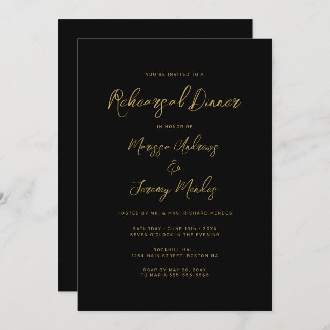   Modern Black Gold Script Rehearsal Dinner Invitation (Front/Back)