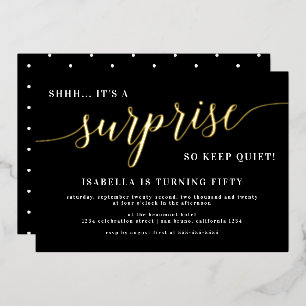 Modern Black & Gold Script Surprise Birthday Party