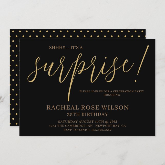 Modern Black Gold Script Surprise Birthday Party Invitation (Front/Back)