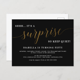 Modern Black & Gold Script Surprise Birthday Party Invitation Postcard