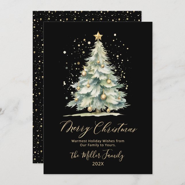 Modern Black Gold Script Tree Non Photo Christmas Holiday Card (Front/Back)