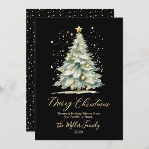 Modern Black Gold Script Tree Non Photo Christmas Holiday Card