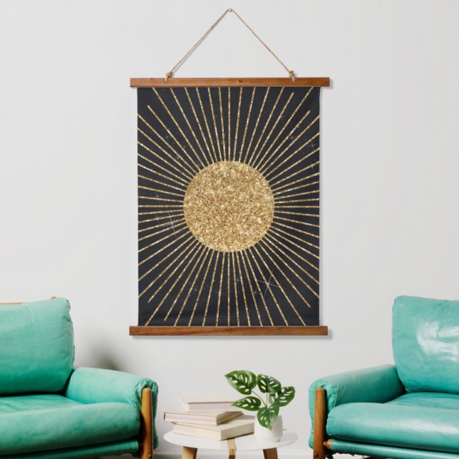 Modern Black Gold Shining Sun Hanging Tapestry (Living Room)