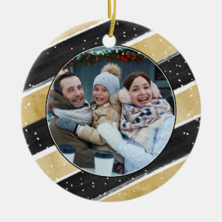 Modern Black & Gold Snowflake Stripes Holiday Ceramic Tree Decoration