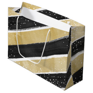 Modern Black & Gold Snowflake Stripes Holiday Large Gift Bag