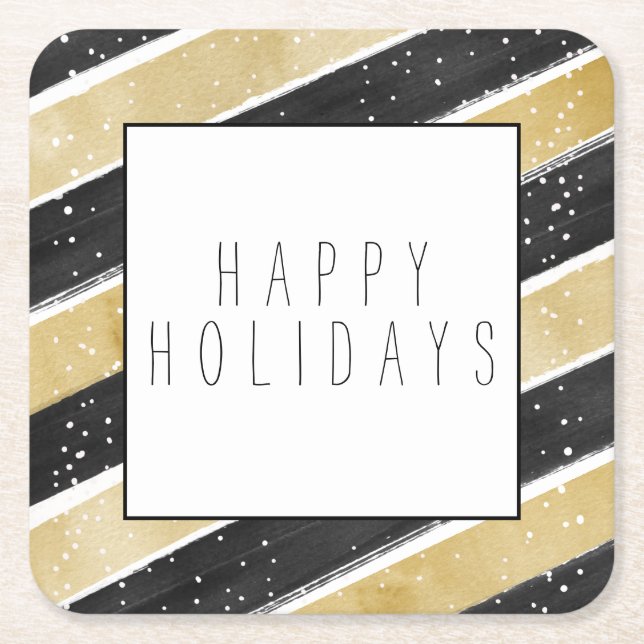 Modern Black & Gold Snowflake Stripes Holiday Square Paper Coaster (Front)