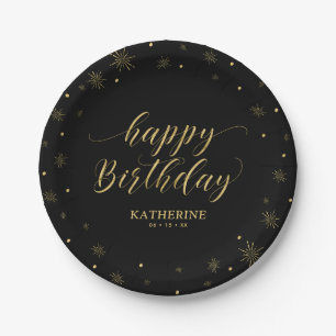 Modern Black & Gold Sparkle Happy Birthday Party Paper Plate
