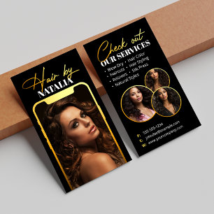 Modern Black Gold Sparkle Photo Hairstylist Business Card