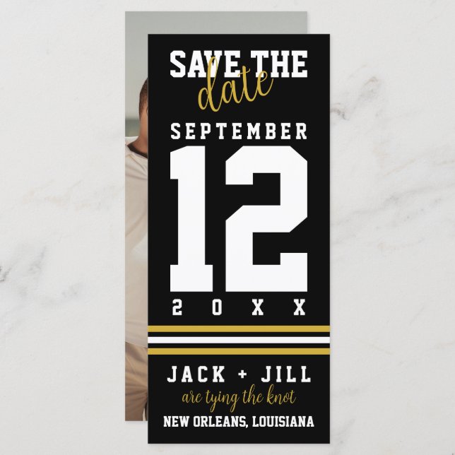 Modern Black Gold Sporty Wedding Save the Date (Front/Back)