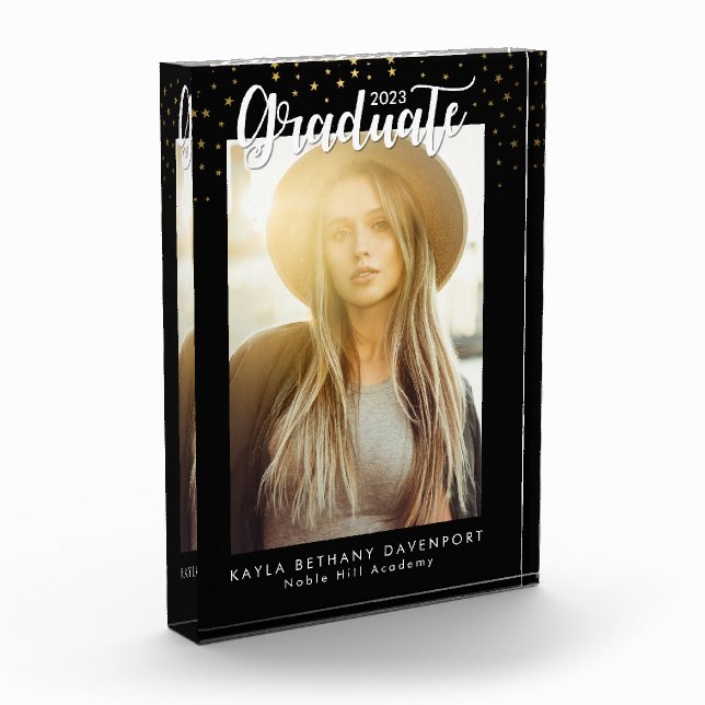 Modern Black Gold Stars Graduation Keepsake Photo Block (Left)