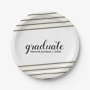 Modern Black & Gold Stripe Graduation Party Plates