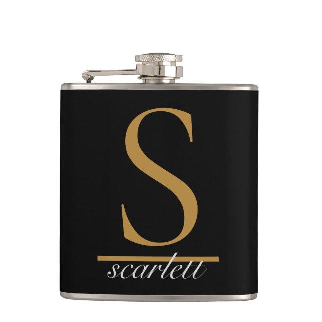 Modern Black Gold Stylish Monogram Girly Script Hip Flask (Front)