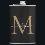 Modern Black Gold Stylish Monogram Girly Script Hip Flask<br><div class="desc">Modern Black Gold Stylish Monogram Girly Script Flask</div>
