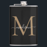Modern Black Gold Stylish Monogram Girly Script Hip Flask<br><div class="desc">Modern Black Gold Stylish Monogram Girly Script Flask</div>