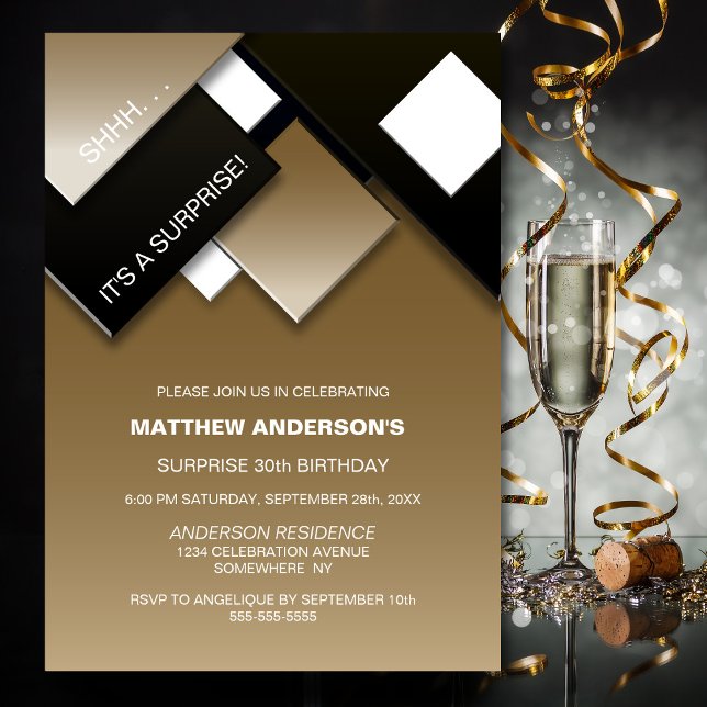 Modern Black Gold Surprise 30th Birthday Party Invitation (Creator Uploaded)