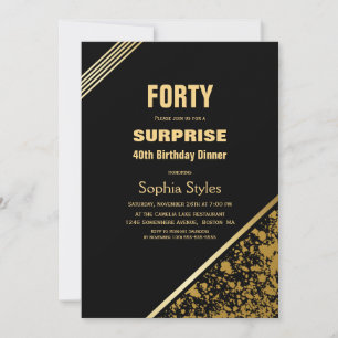 Modern Black Gold Surprise 40th Birthday Dinner Invitation