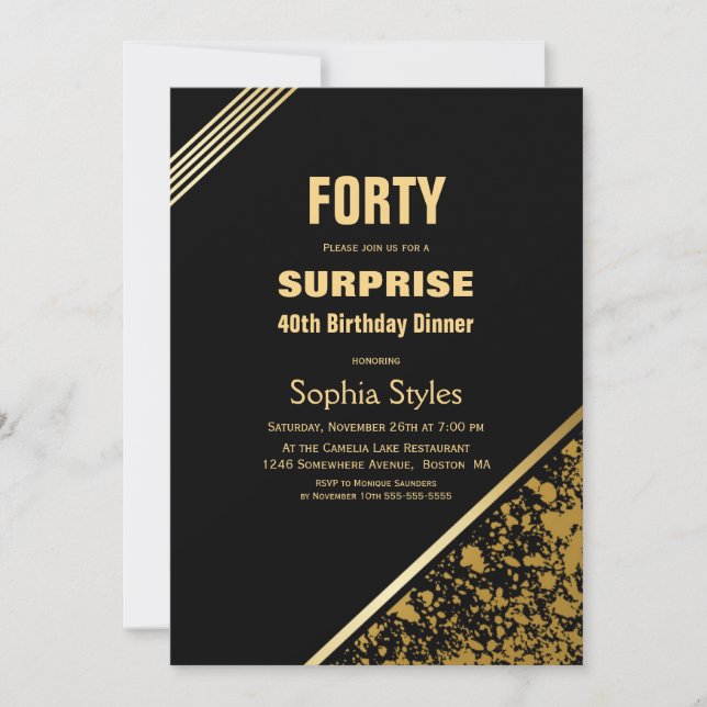 Modern Black Gold Surprise 40th Birthday Dinner Invitation (Front)